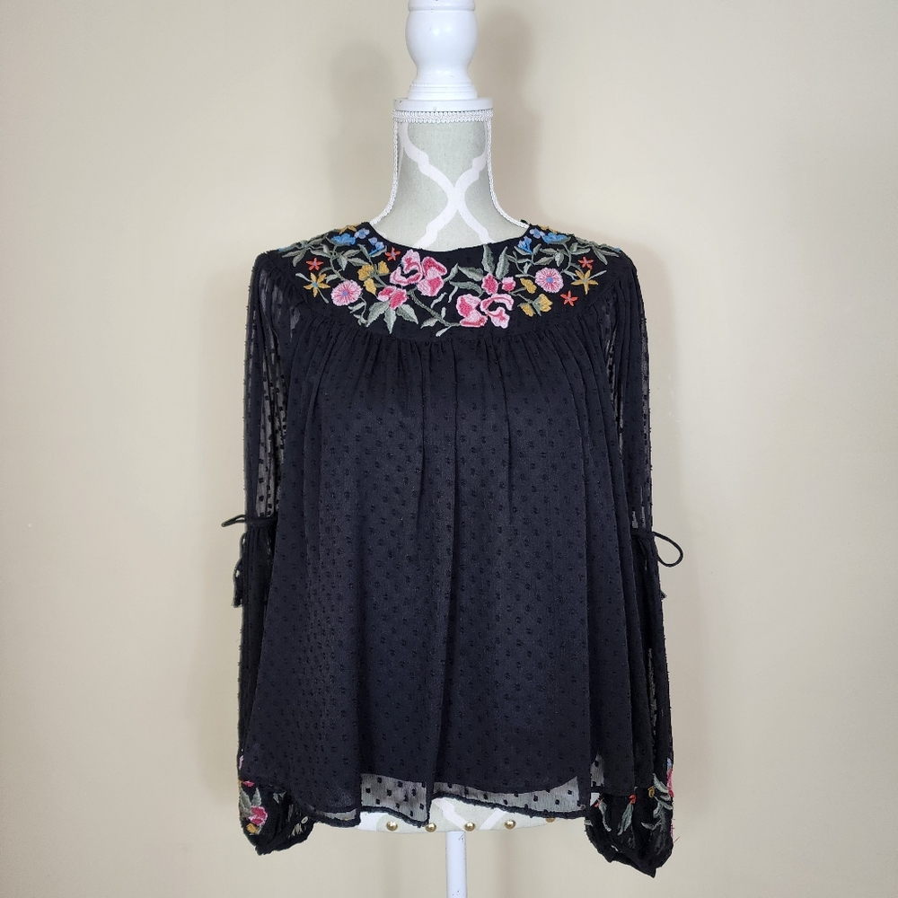 ZARA Trafaluc Black Embroidered Floral Long Sleeve Tassel Chiffon Top Boho XS - Picture 2 of 12